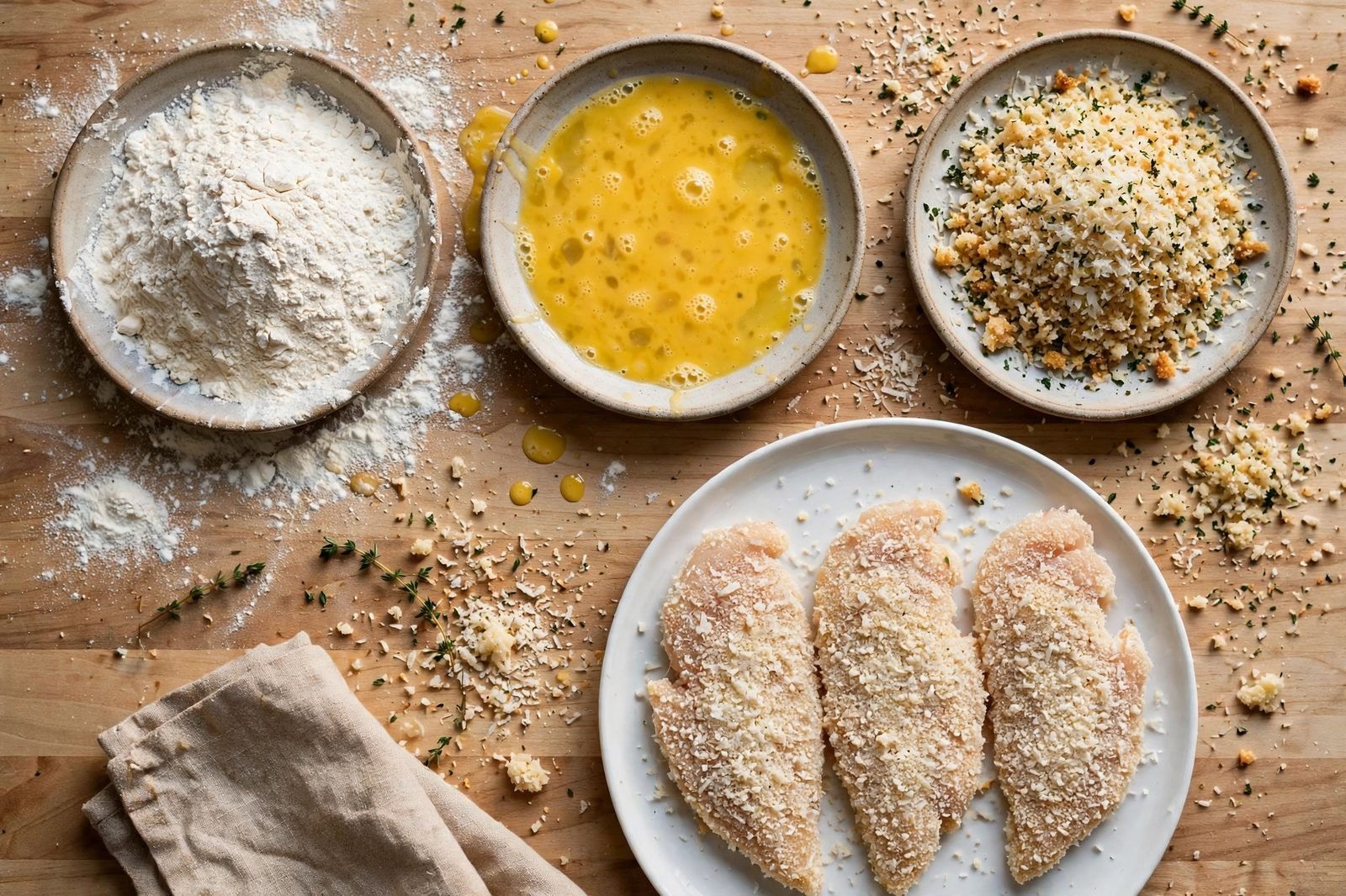 Breading station with flour, beaten egg, and panko-parmesan dishes beside breaded chicken cutlets