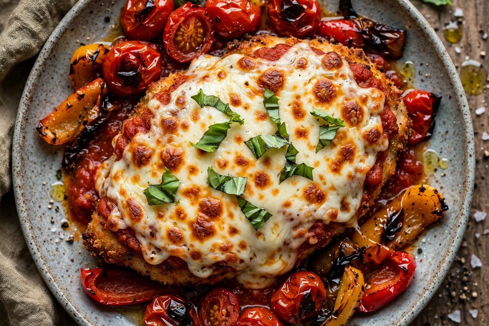 Close-up of bubbly melted mozzarella on a chicken parmesan cutlet