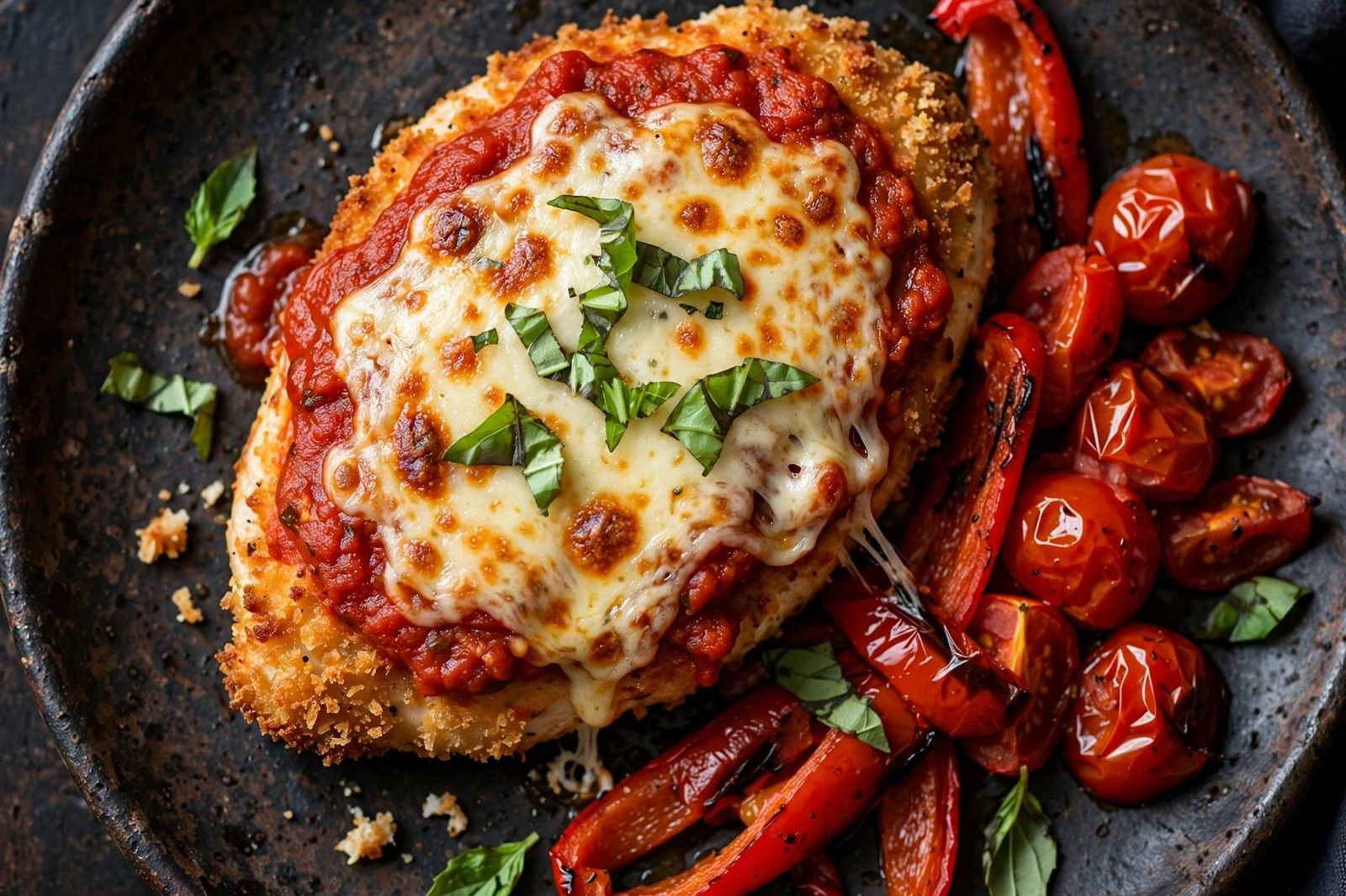 Close-up of a finished chicken parmesan cutlet with roasted vegetables and basil