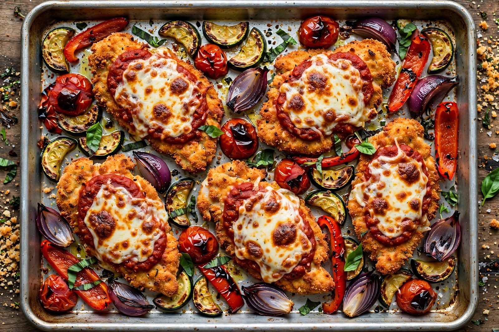 Sheet pan of chicken parmesan cutlets with marinara and melted mozzarella beside roasted zucchini, peppers, and cherry tomatoes