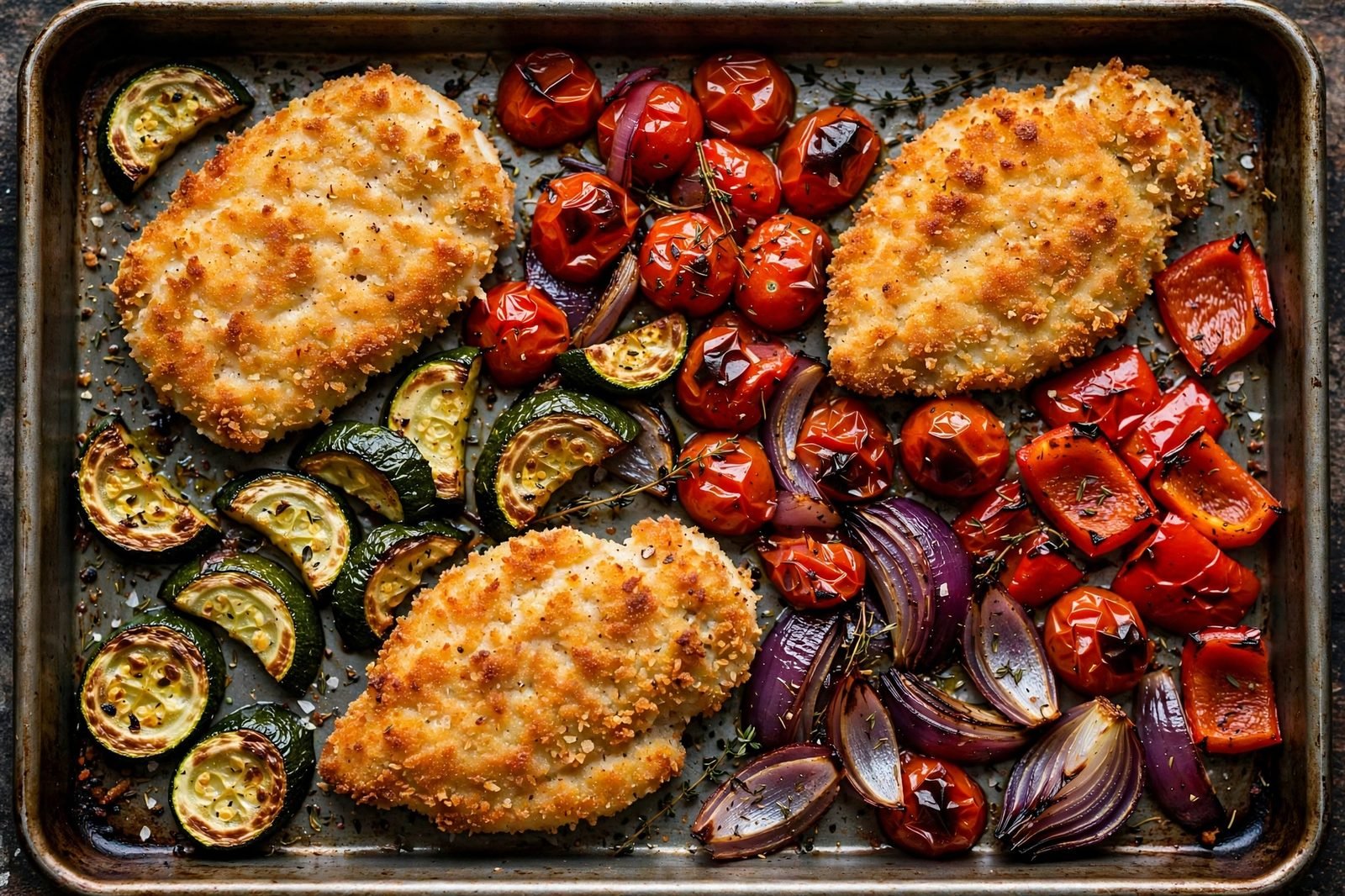 Golden baked breaded chicken cutlets and roasted vegetables on a sheet pan