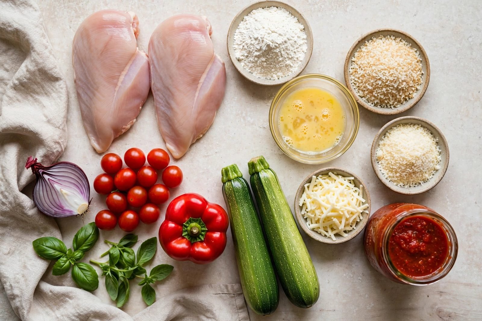 Ingredients for sheet pan chicken parmesan arranged on a kitchen counter