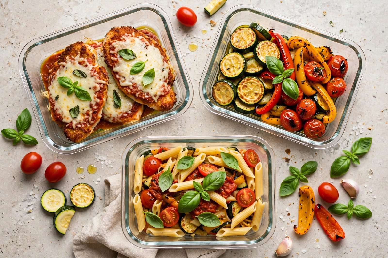 Glass meal-prep containers with chicken parmesan, roasted vegetables, and pasta