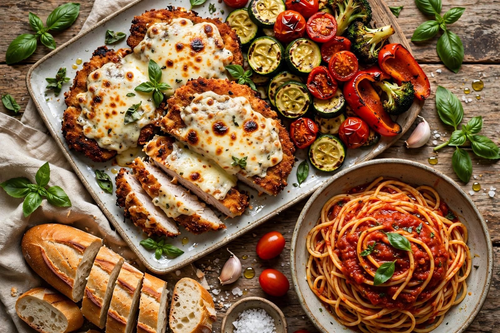 Overhead spread of sheet pan chicken parmesan with pasta, crusty bread, and basil