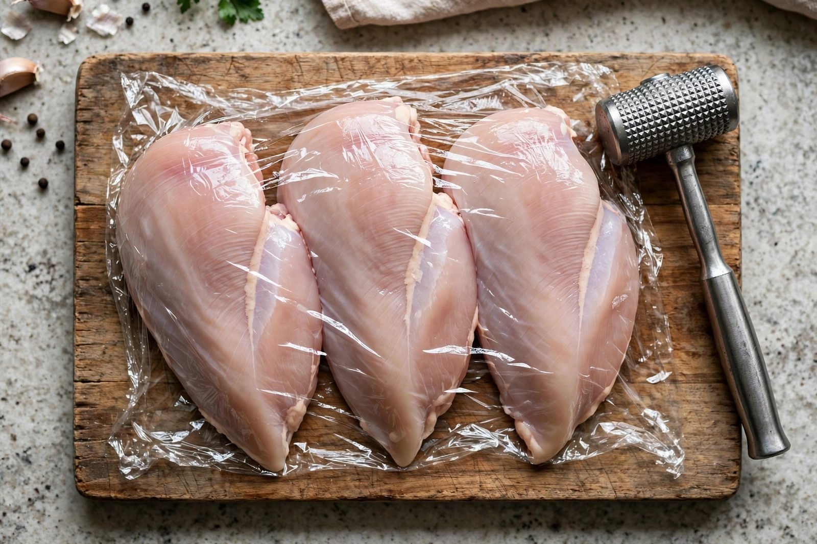 Chicken breasts under plastic wrap on a cutting board with a meat mallet