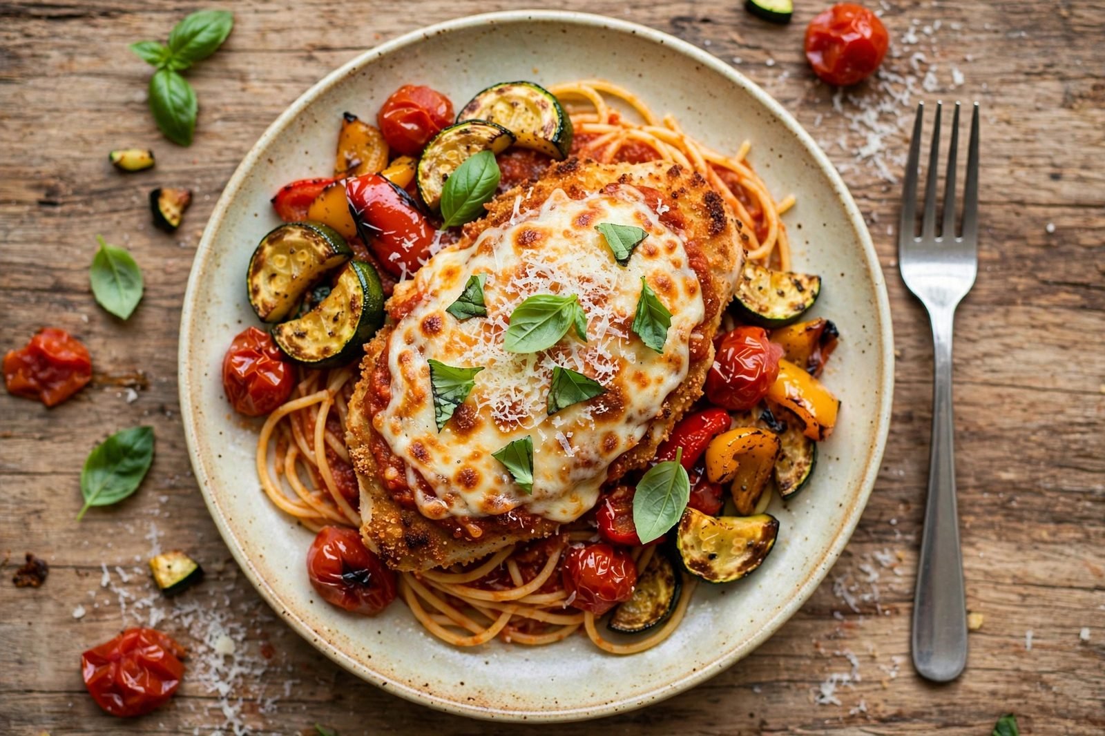 Plated chicken parmesan over spaghetti with roasted vegetables and fresh basil