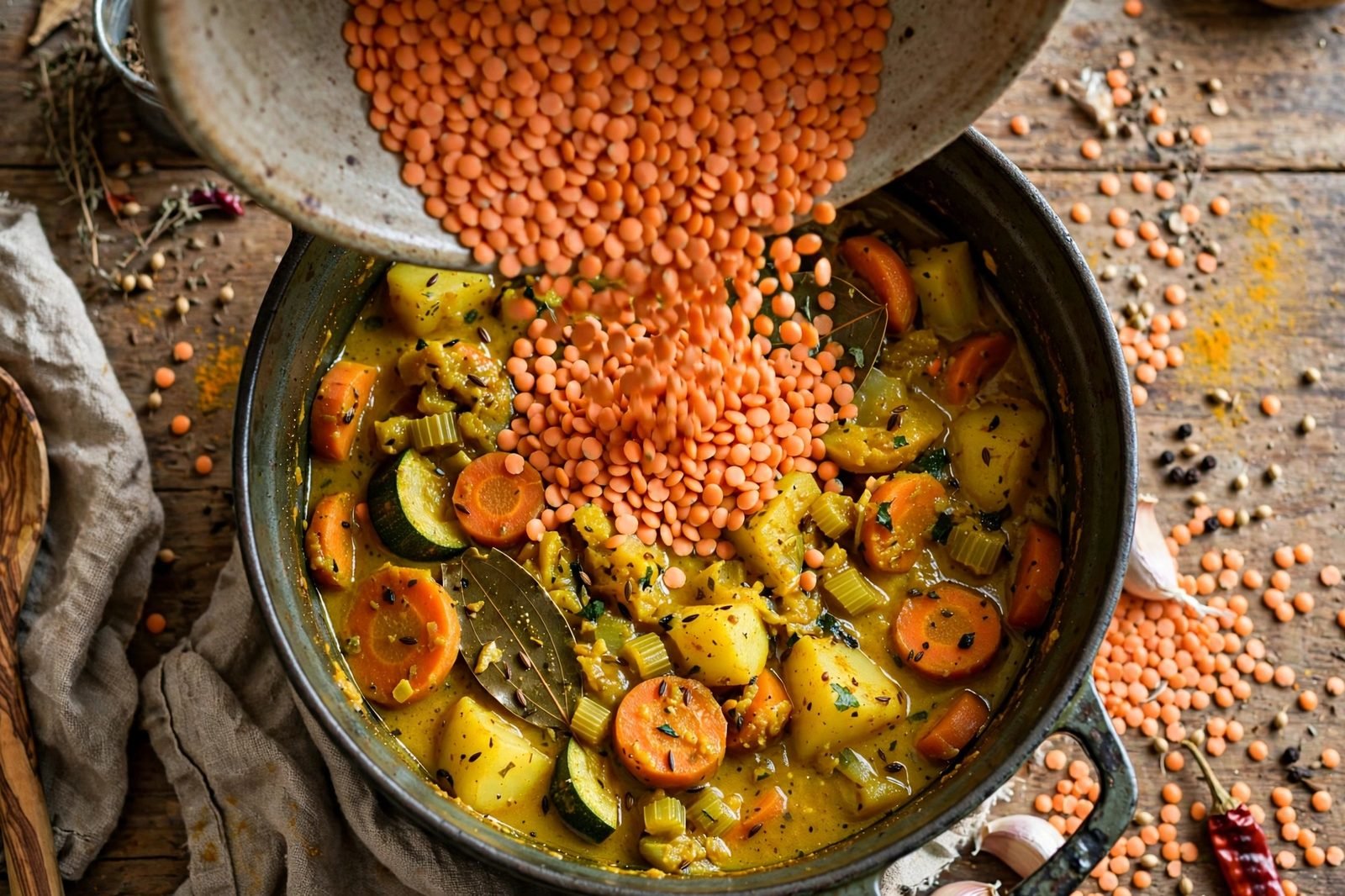 Red lentils being poured into a soup pot over spiced vegetables