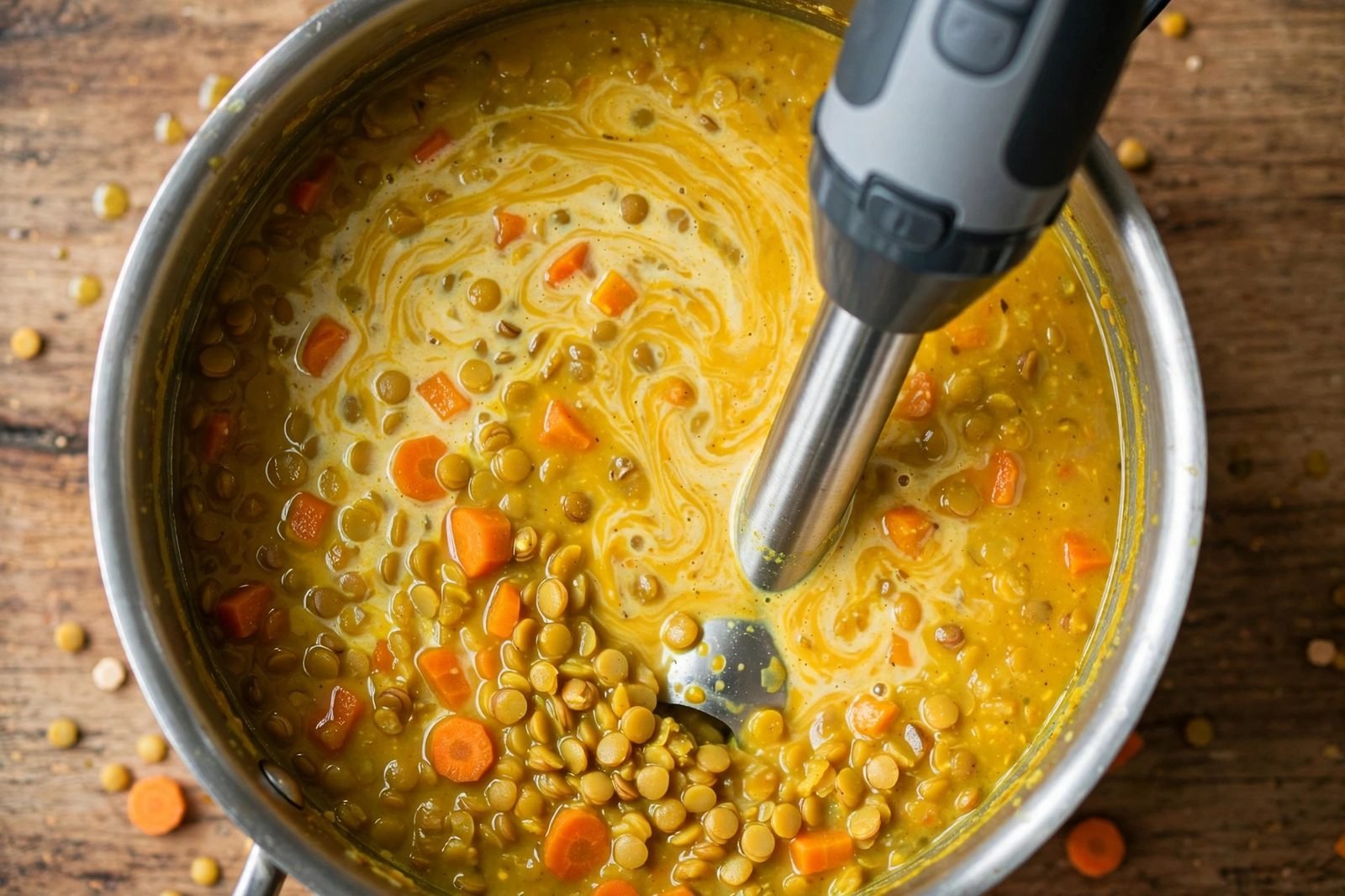 An immersion blender partially blending curried red lentil soup in the pot