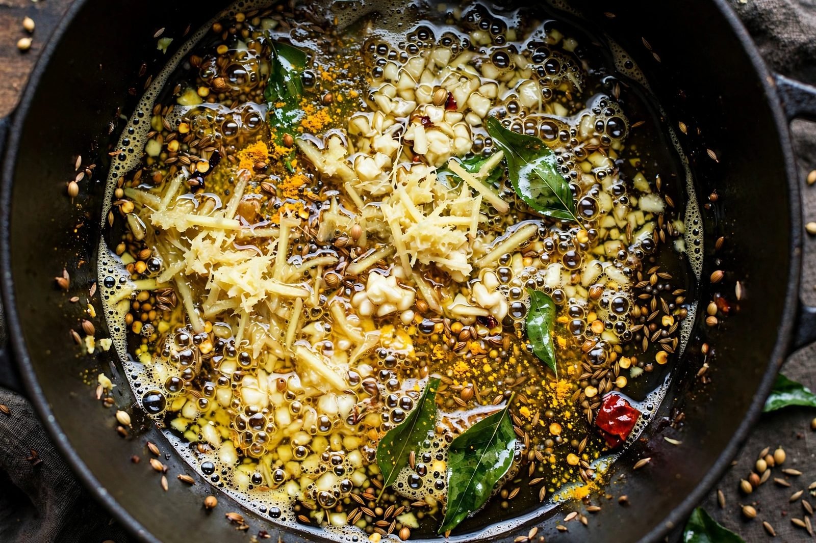 Curry spices, ginger, and garlic sizzling in coconut oil in a soup pot