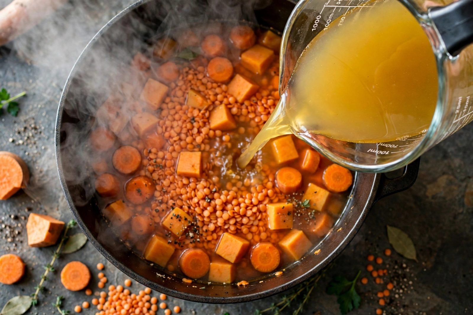 Vegetable broth being poured into a pot of red lentils and vegetables