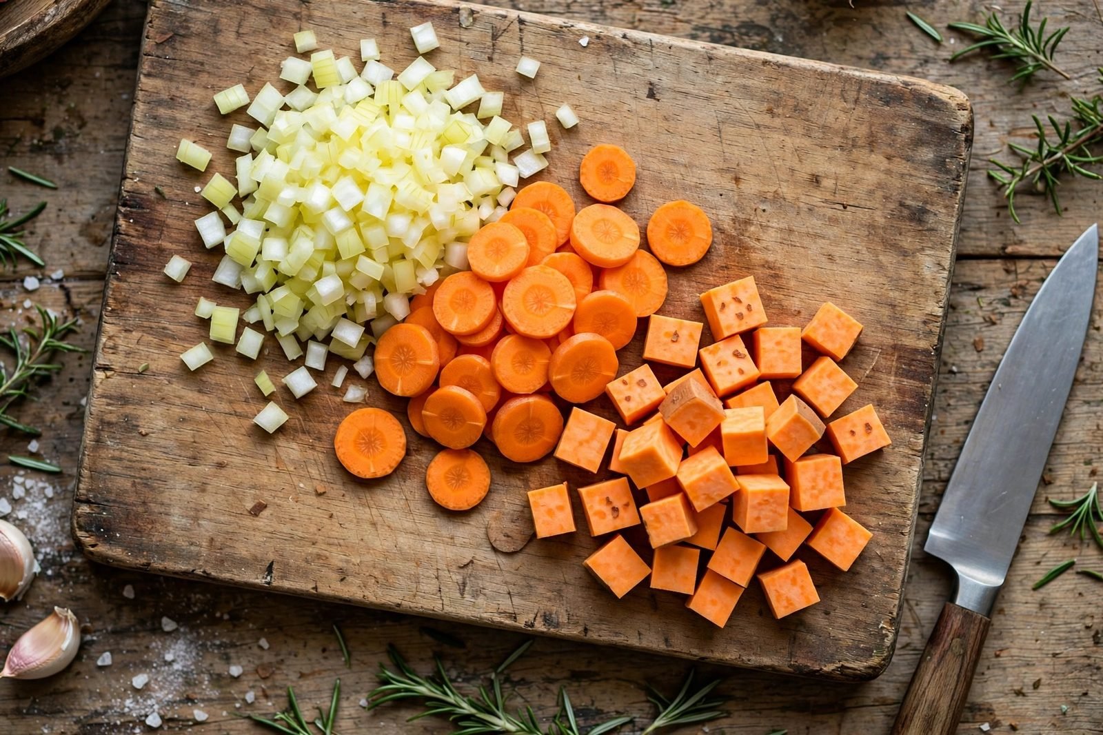 Diced onion, sliced carrots, and cubed sweet potato on a wooden cutting board