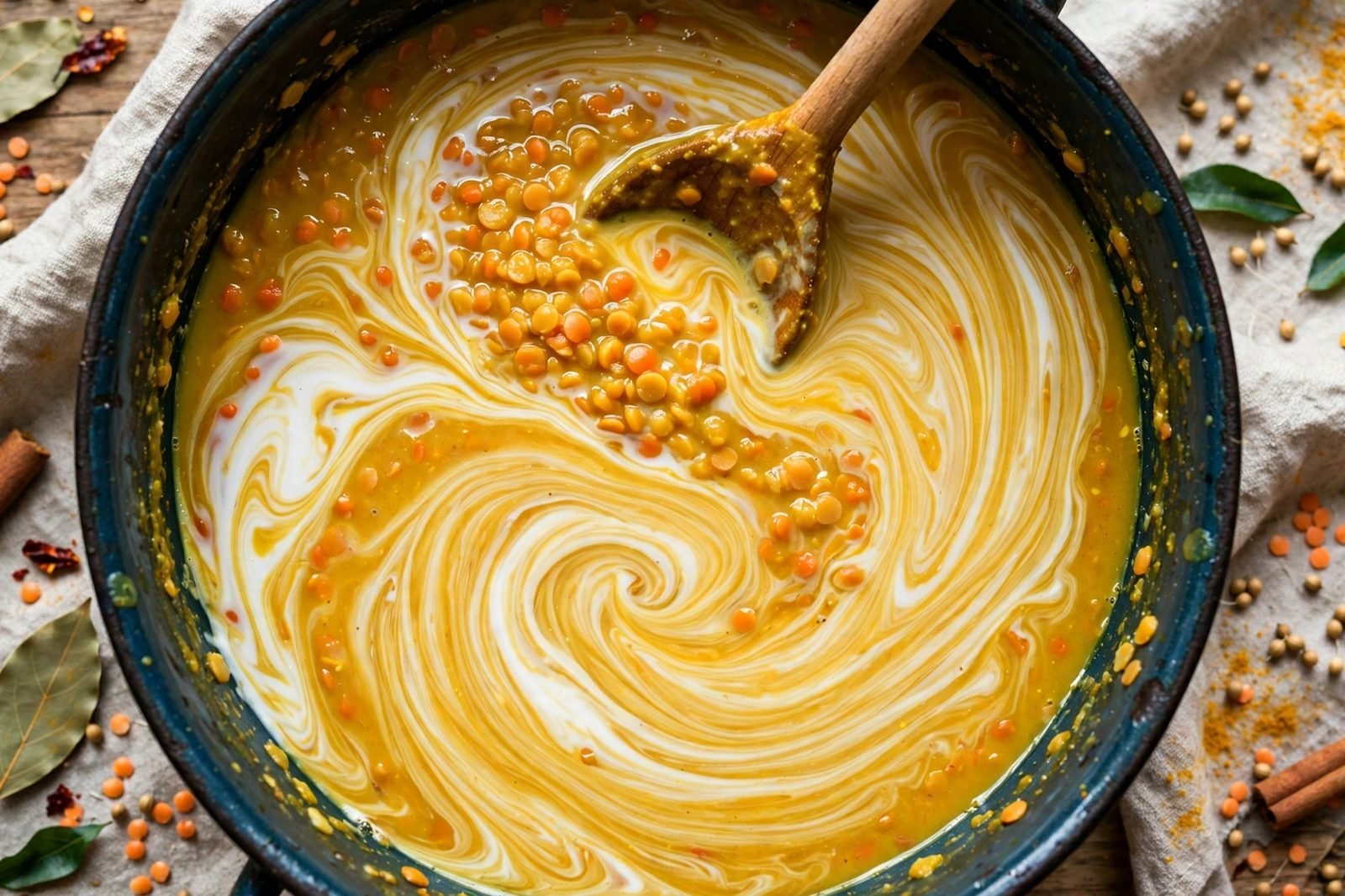 Coconut milk being stirred into golden curried red lentil soup