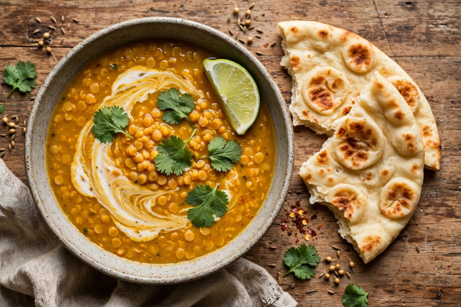 Bowl of golden curried red lentil soup with a coconut milk swirl, fresh cilantro, and a lime wedge