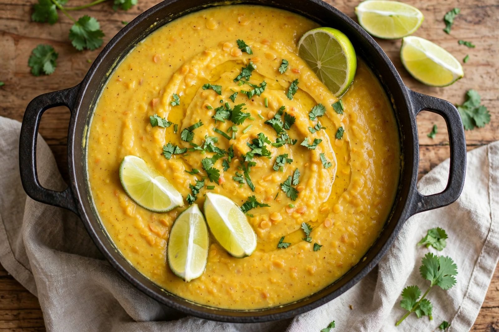 Fresh lime wedges and chopped cilantro over finished curried red lentil soup