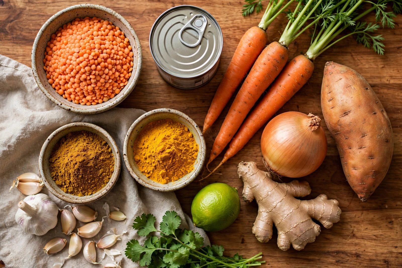 Ingredients for curried red lentil soup arranged on a kitchen counter
