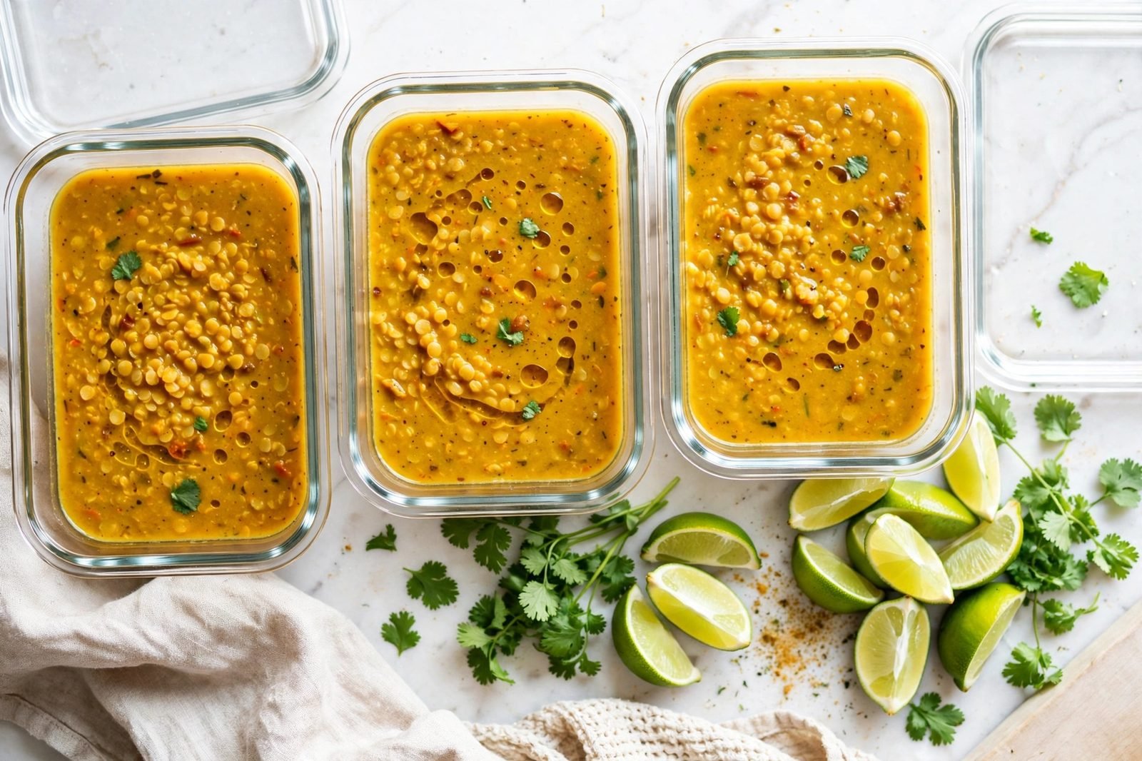 Glass meal-prep containers filled with curried red lentil soup