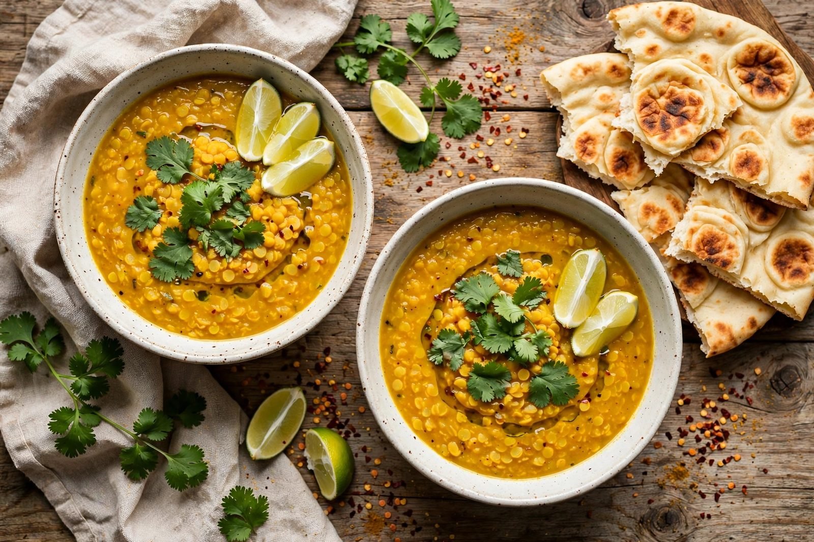 Two bowls of curried red lentil soup with cilantro, lime, and warm naan