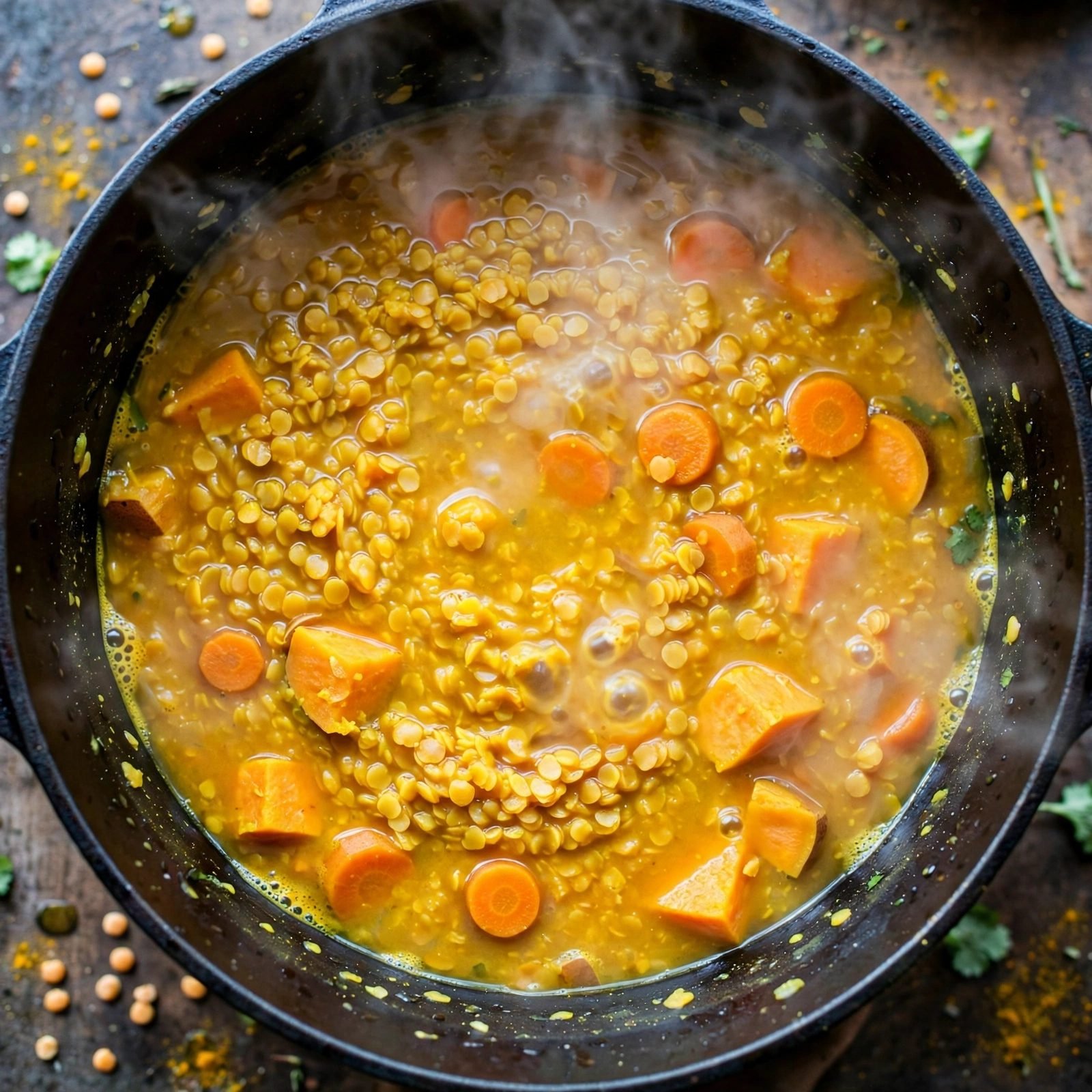Golden red lentil soup simmering in a soup pot with steam rising