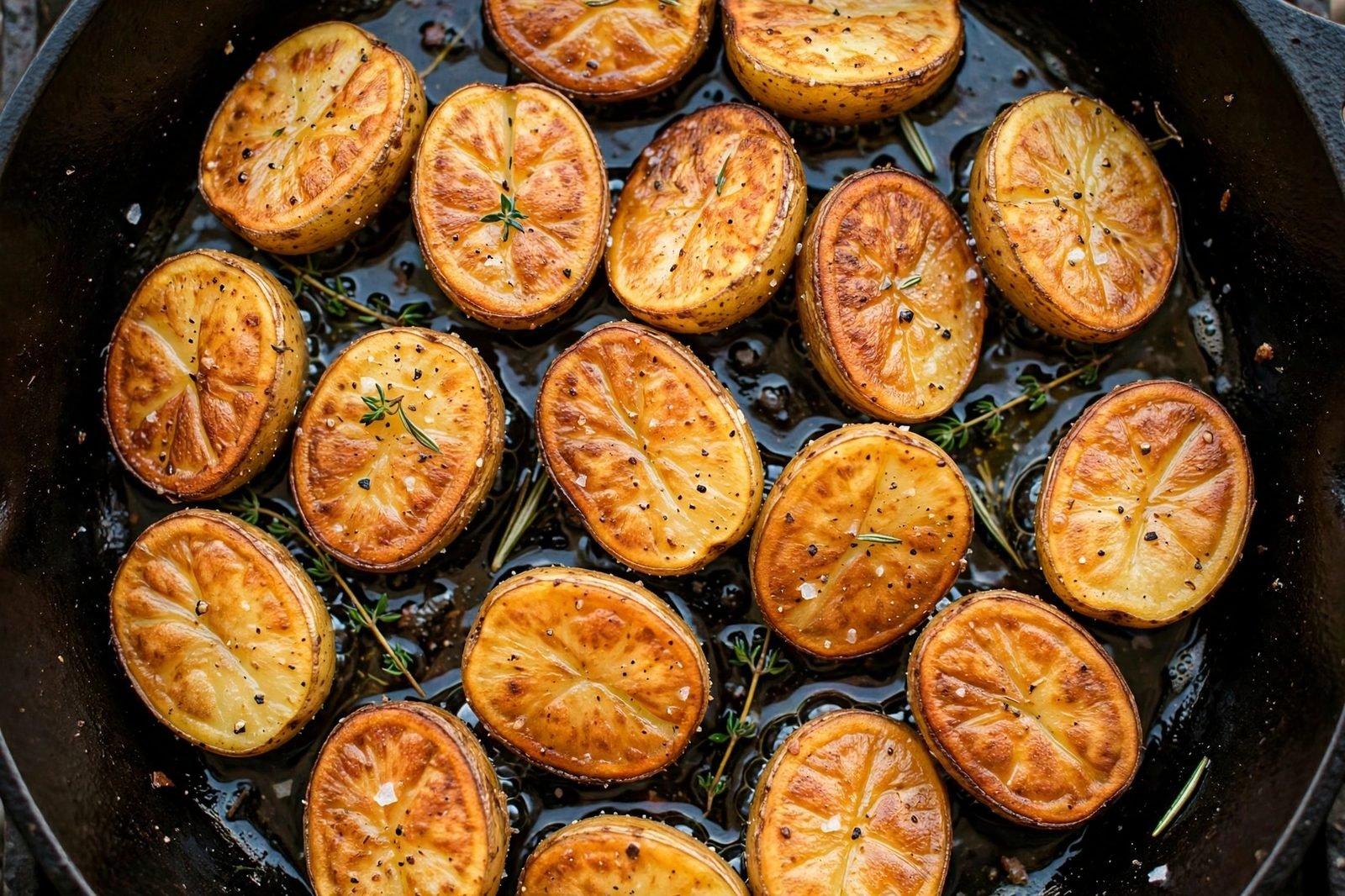 Halved baby potatoes crisping cut-side down in a skillet