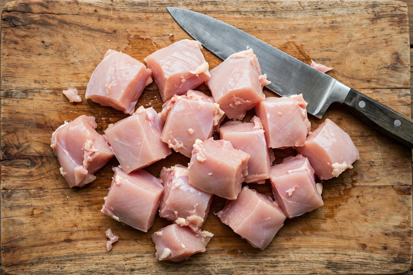 Raw chicken breast cut into 1-inch pieces on a cutting board