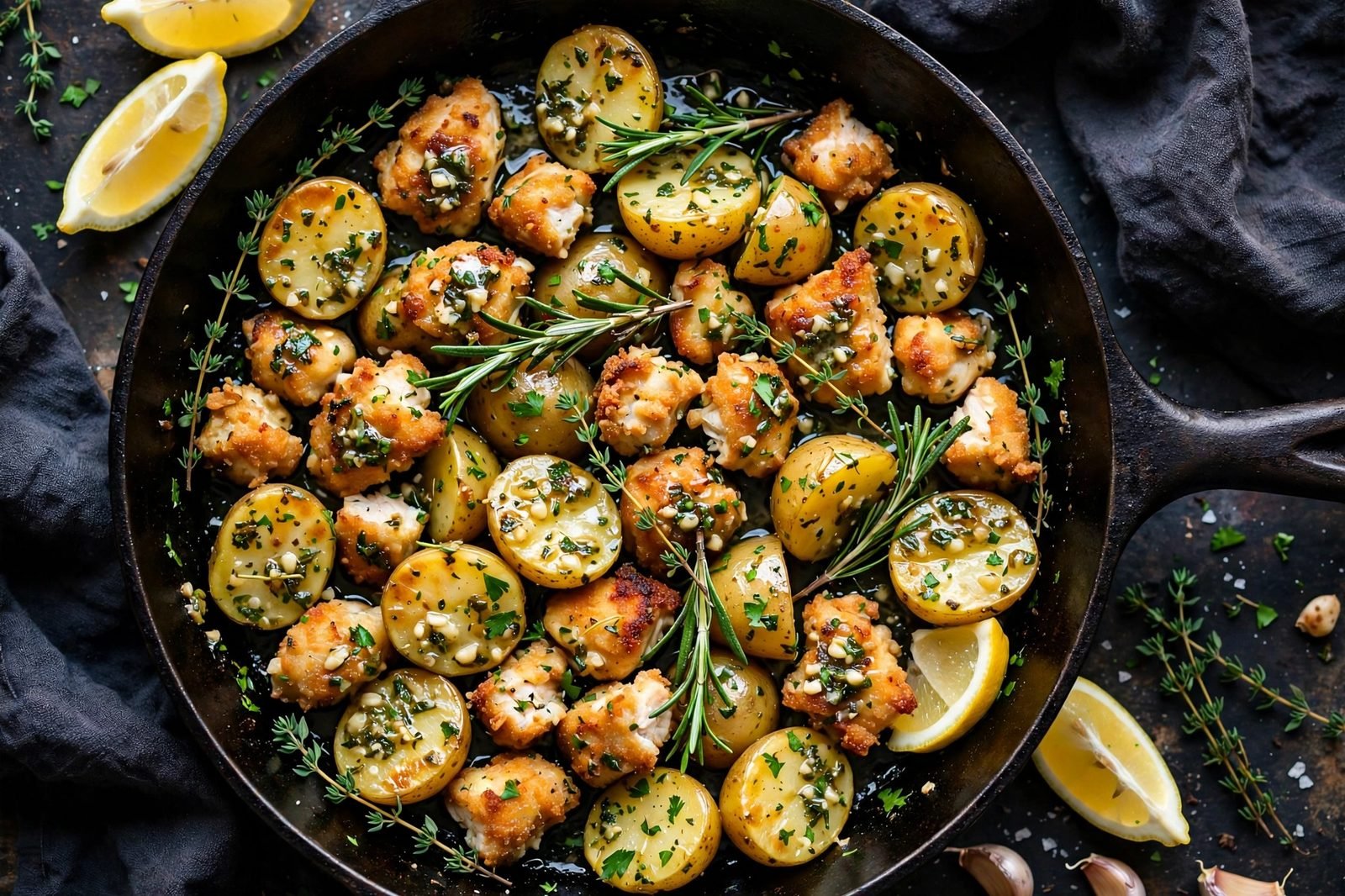 Skillet of crispy garlic herb butter chicken bites and golden baby potatoes with rosemary and lemon wedges