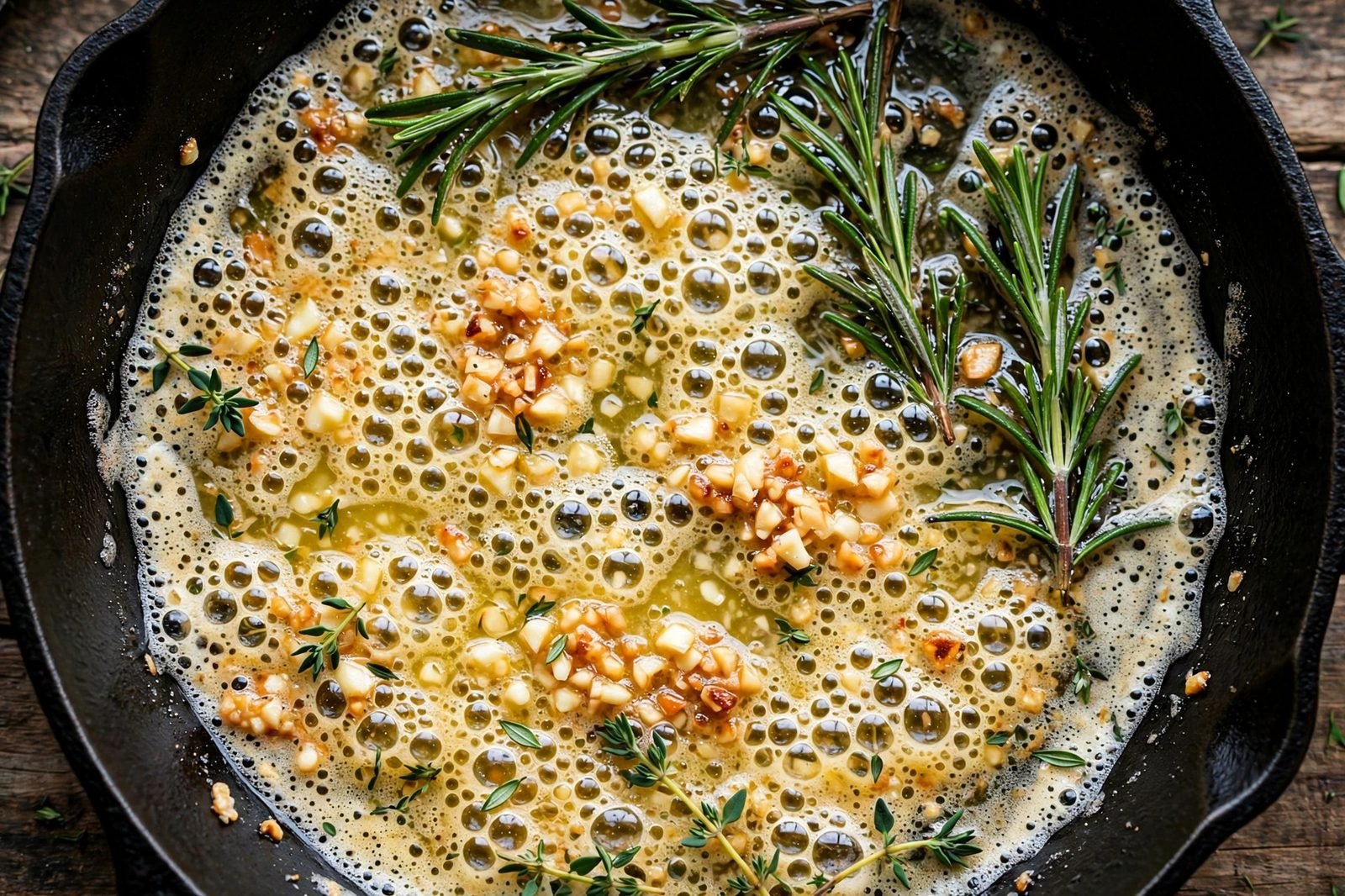 Foaming garlic herb butter with rosemary and thyme in a skillet