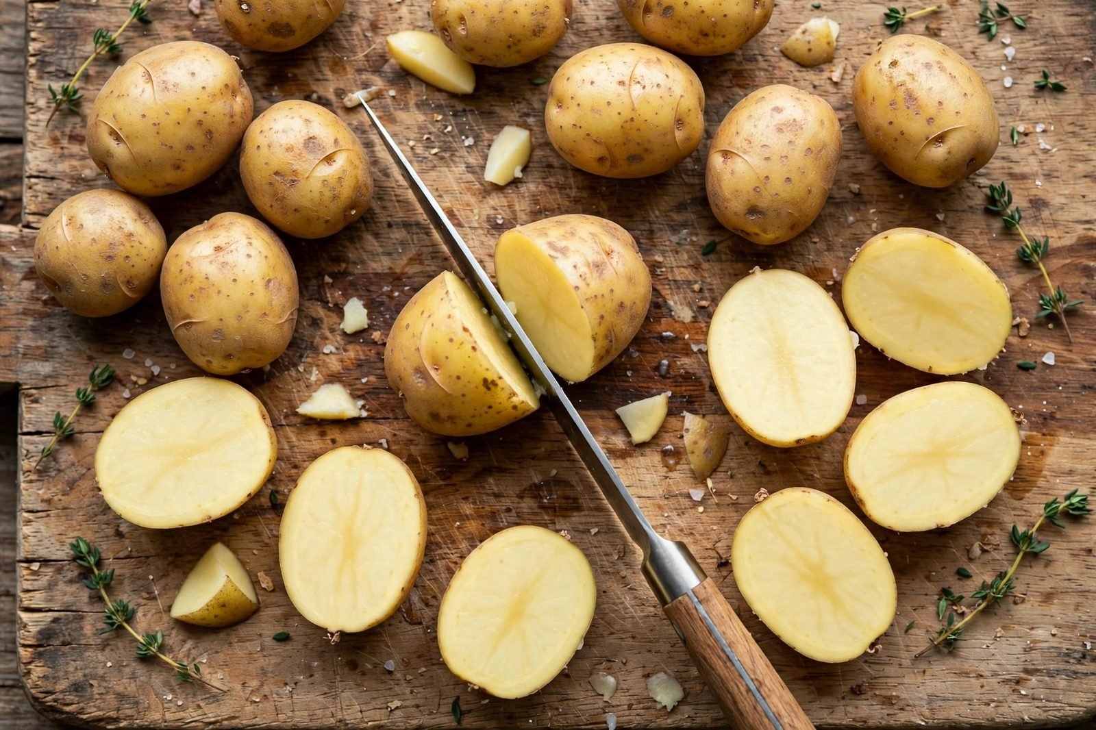 Baby potatoes being halved on a wooden cutting board