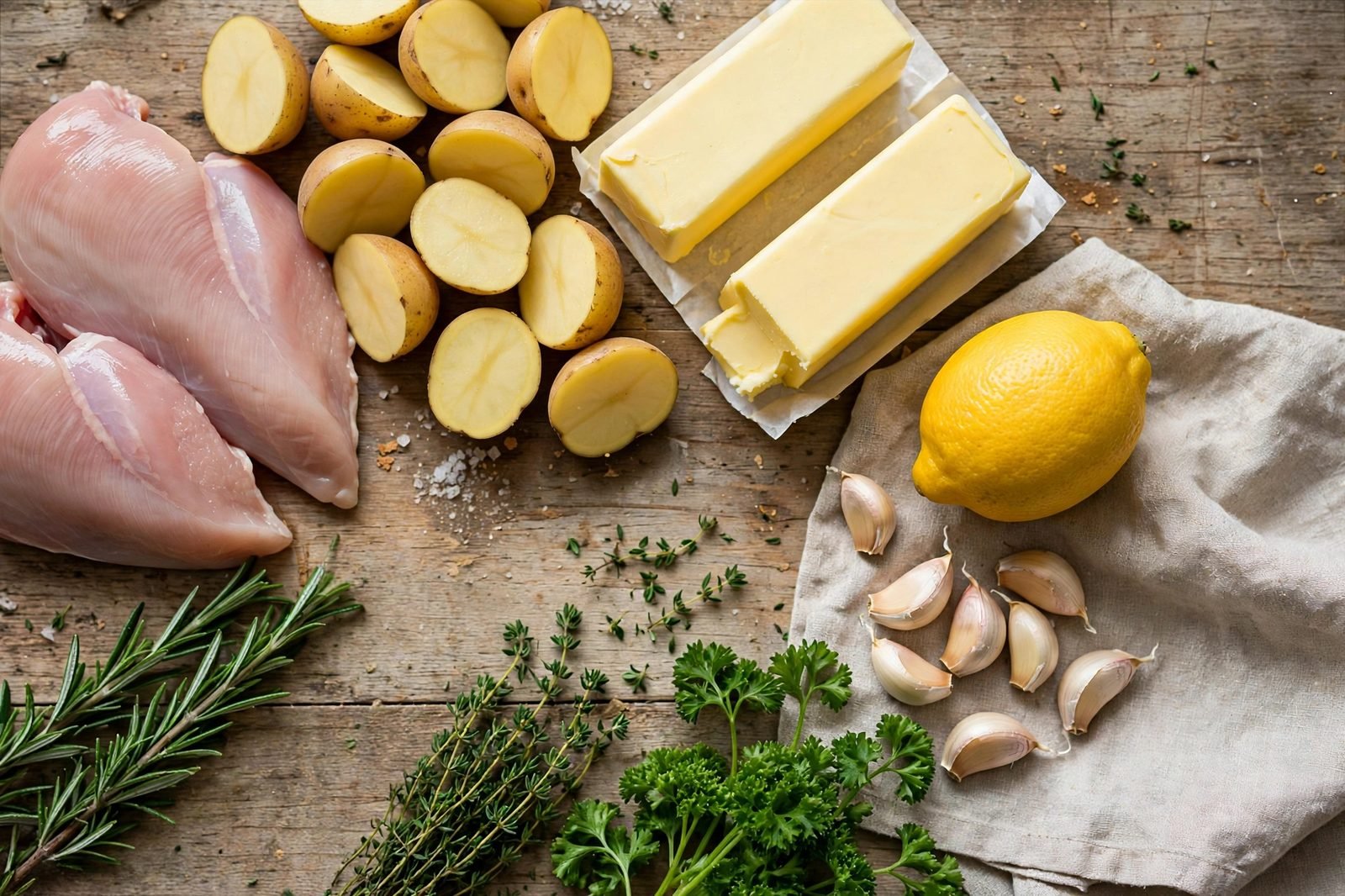 Ingredients for garlic herb butter chicken bites and potatoes on a kitchen counter