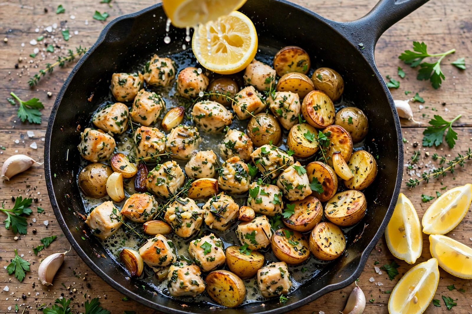 Lemon juice squeezed over garlic herb butter chicken bites with fresh parsley