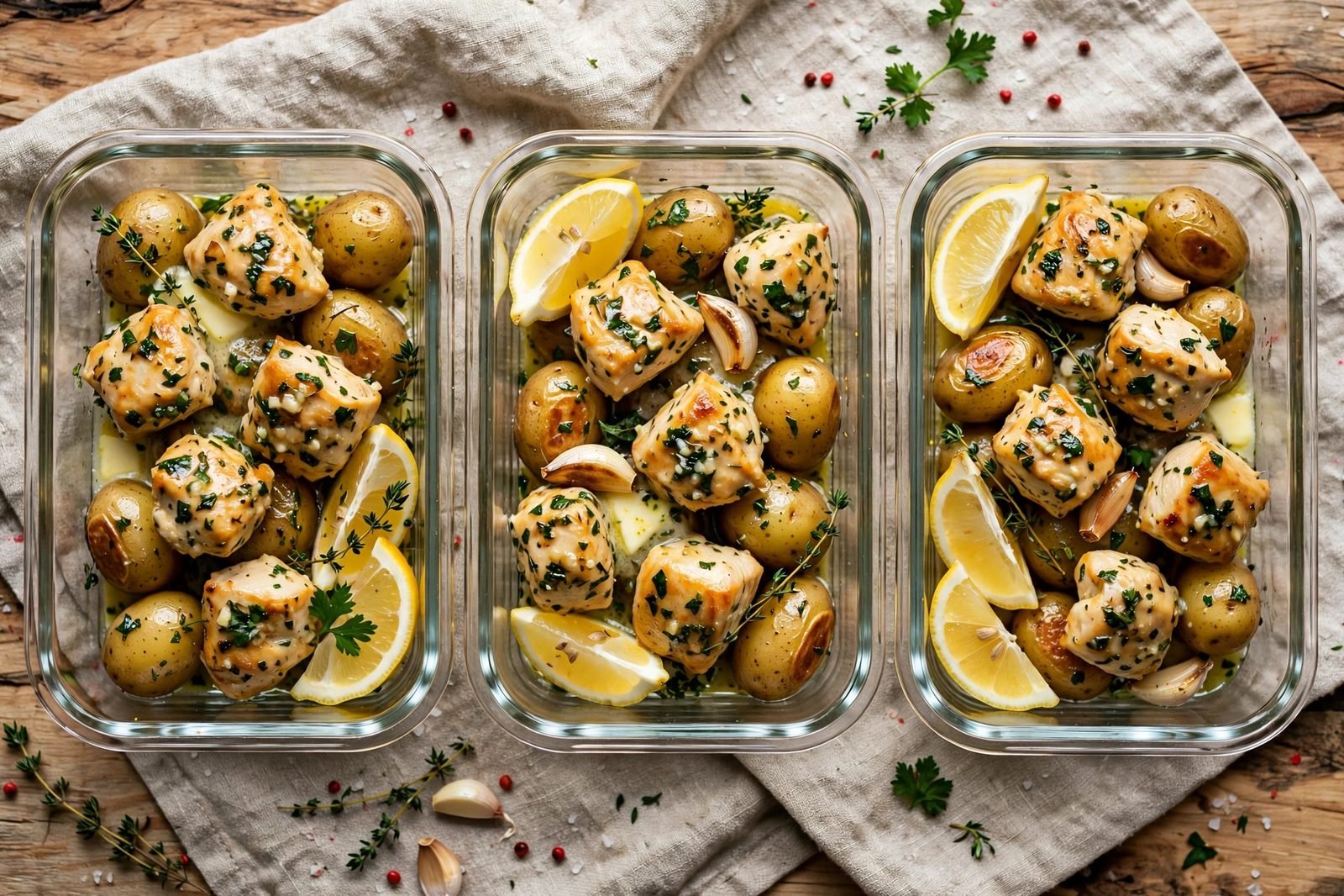Glass meal-prep containers filled with garlic herb butter chicken bites and potatoes