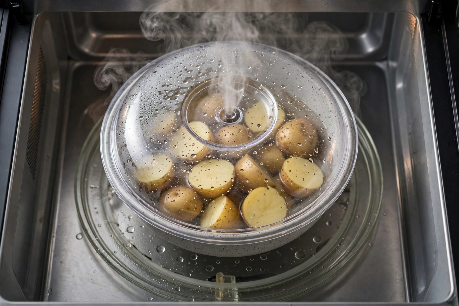 Bowl of halved baby potatoes about to be par-cooked in a microwave