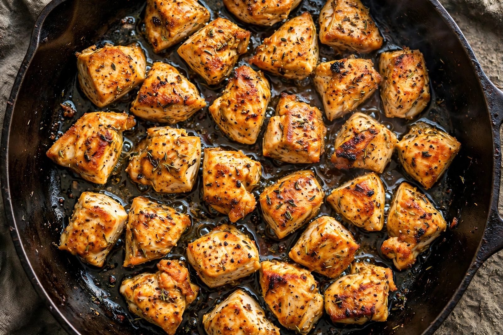 Golden chicken bites searing in a single layer in a hot skillet