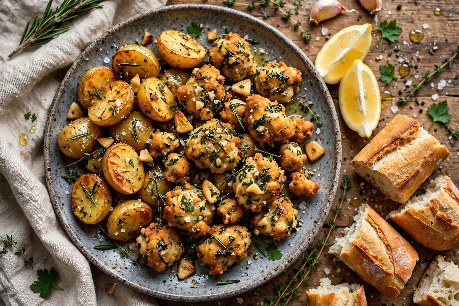 Close-up of garlic herb butter chicken bites and potatoes with lemon and crusty bread