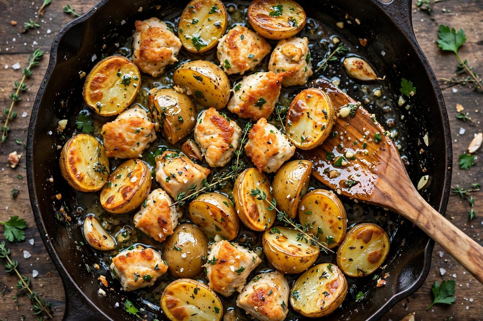 Chicken bites and potatoes being tossed in garlic herb butter