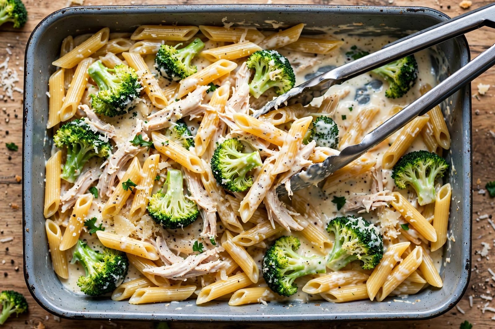 Pasta, broccoli, and shredded chicken tossed with alfredo sauce in a baking dish