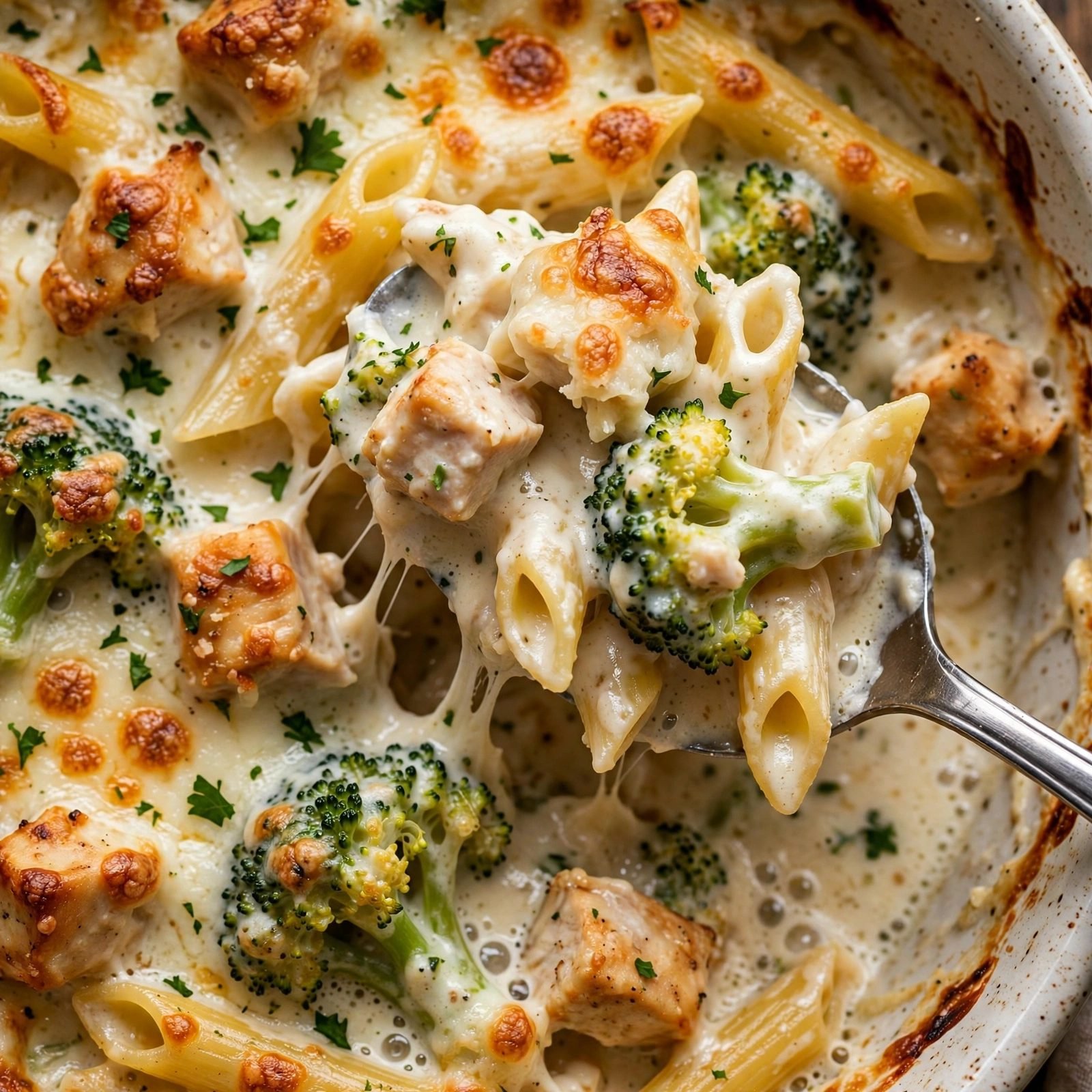 Close-up of golden bubbly chicken broccoli alfredo bake