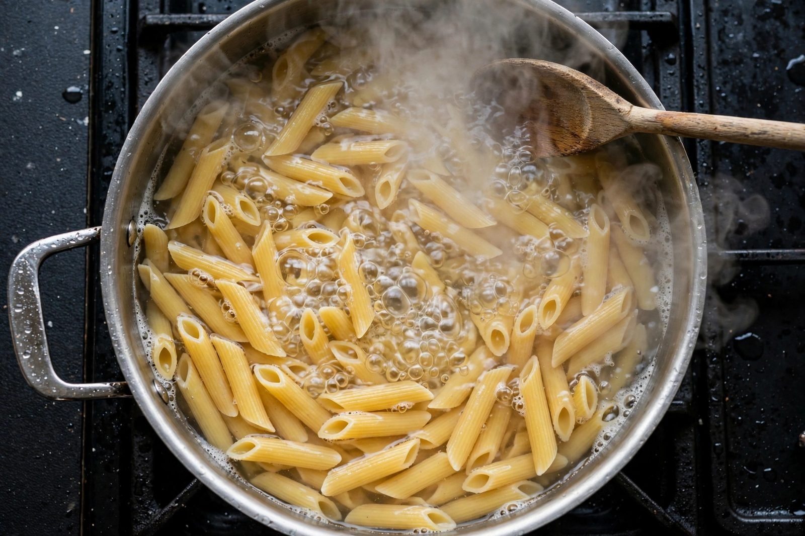 Penne pasta boiling in a large pot of water