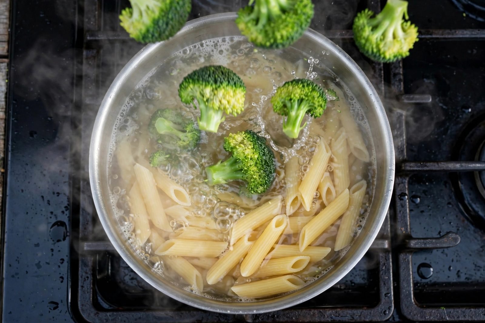 Broccoli florets added to boiling penne in a pot