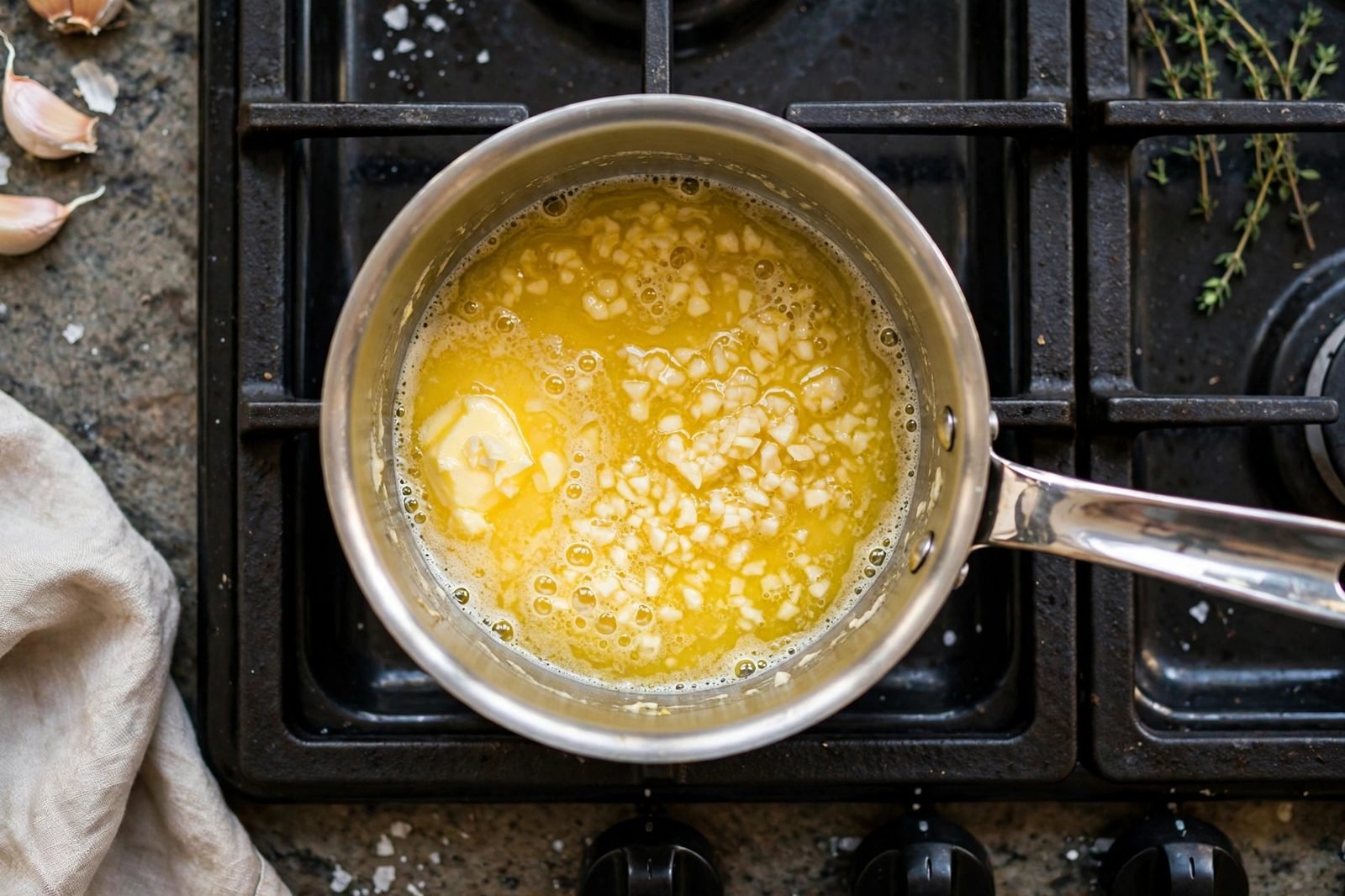 Butter melting with minced garlic in a saucepan