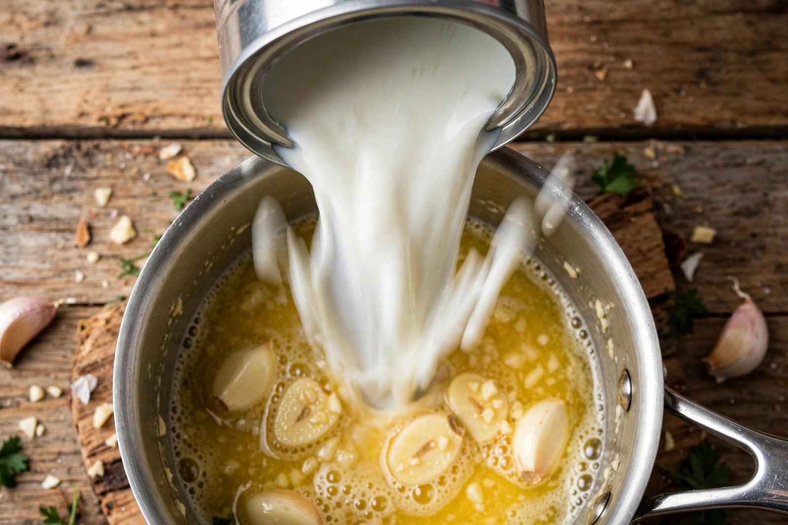 Evaporated milk pouring into a saucepan