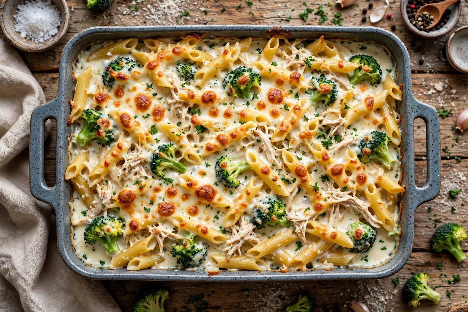 Golden chicken and broccoli alfredo bake with melted mozzarella and parsley in a baking dish
