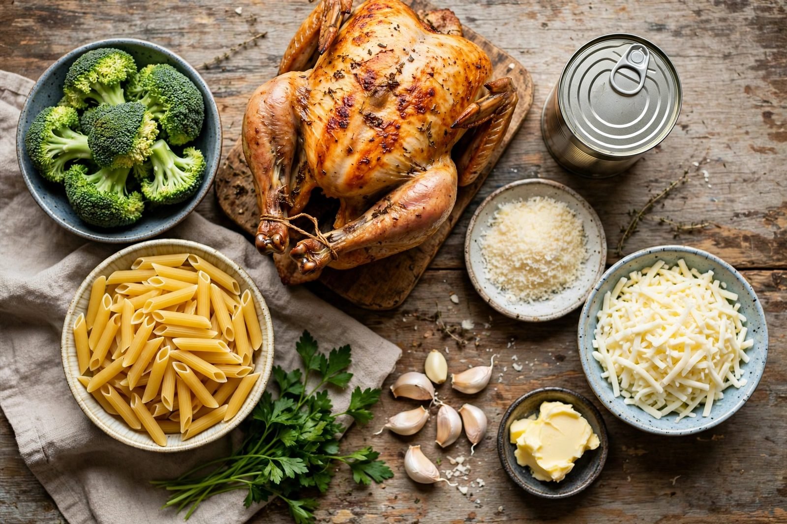 Ingredients for chicken broccoli alfredo bake arranged on a kitchen counter