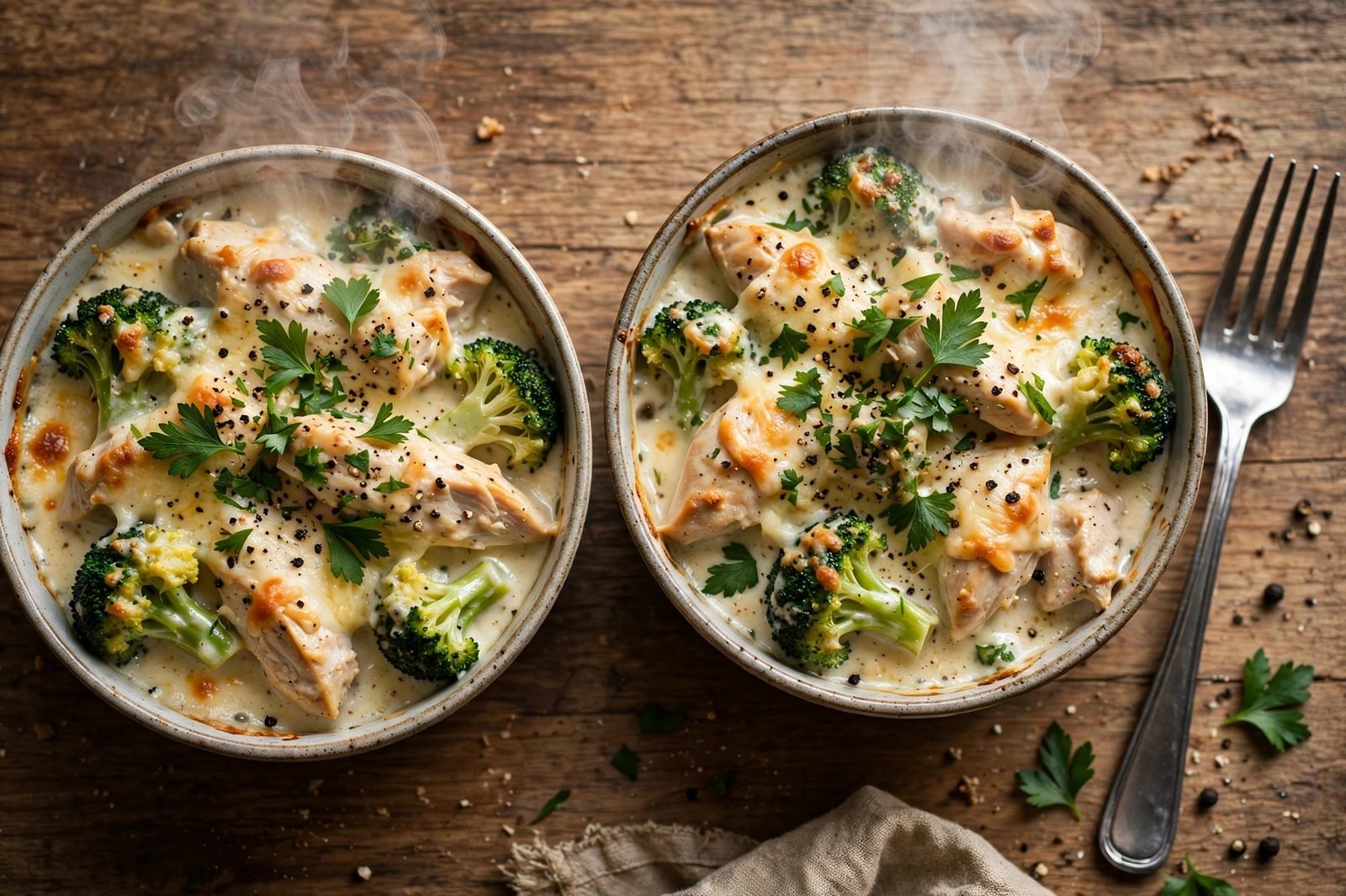 Bowls of chicken and broccoli alfredo bake garnished with parsley