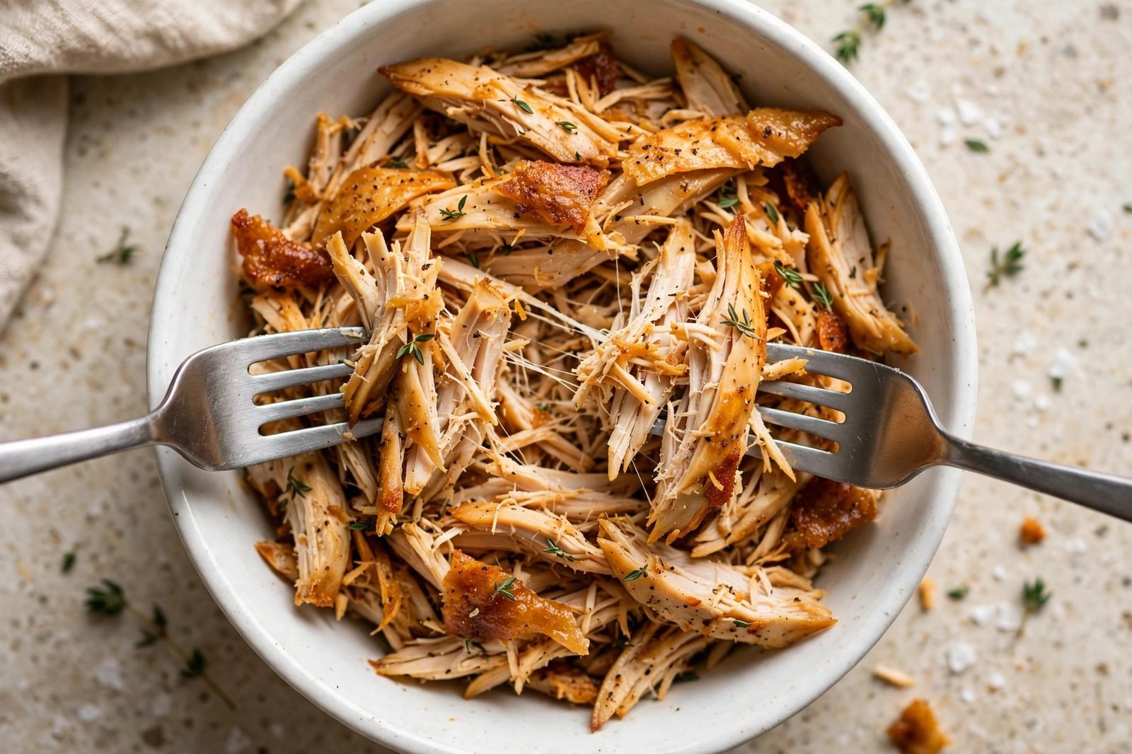 Shredded rotisserie chicken in a white bowl