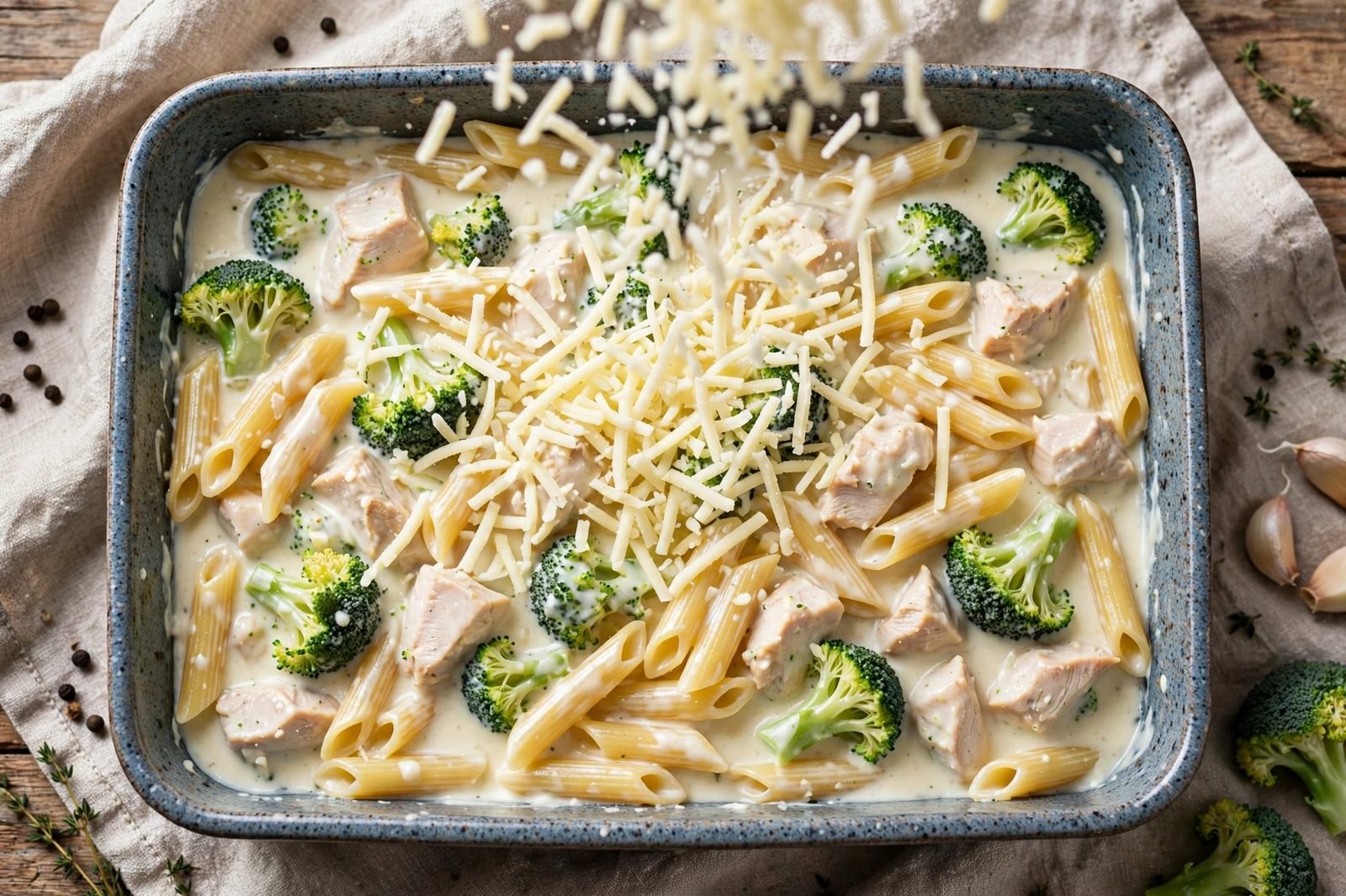 Shredded mozzarella sprinkled over an unbaked alfredo casserole