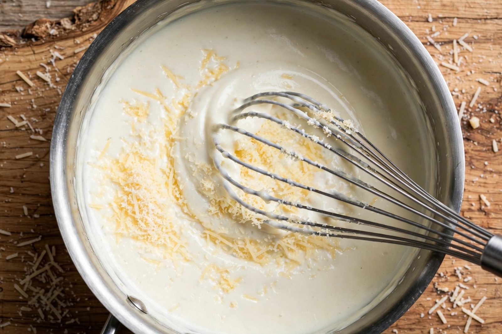 Parmesan being whisked into a creamy alfredo sauce