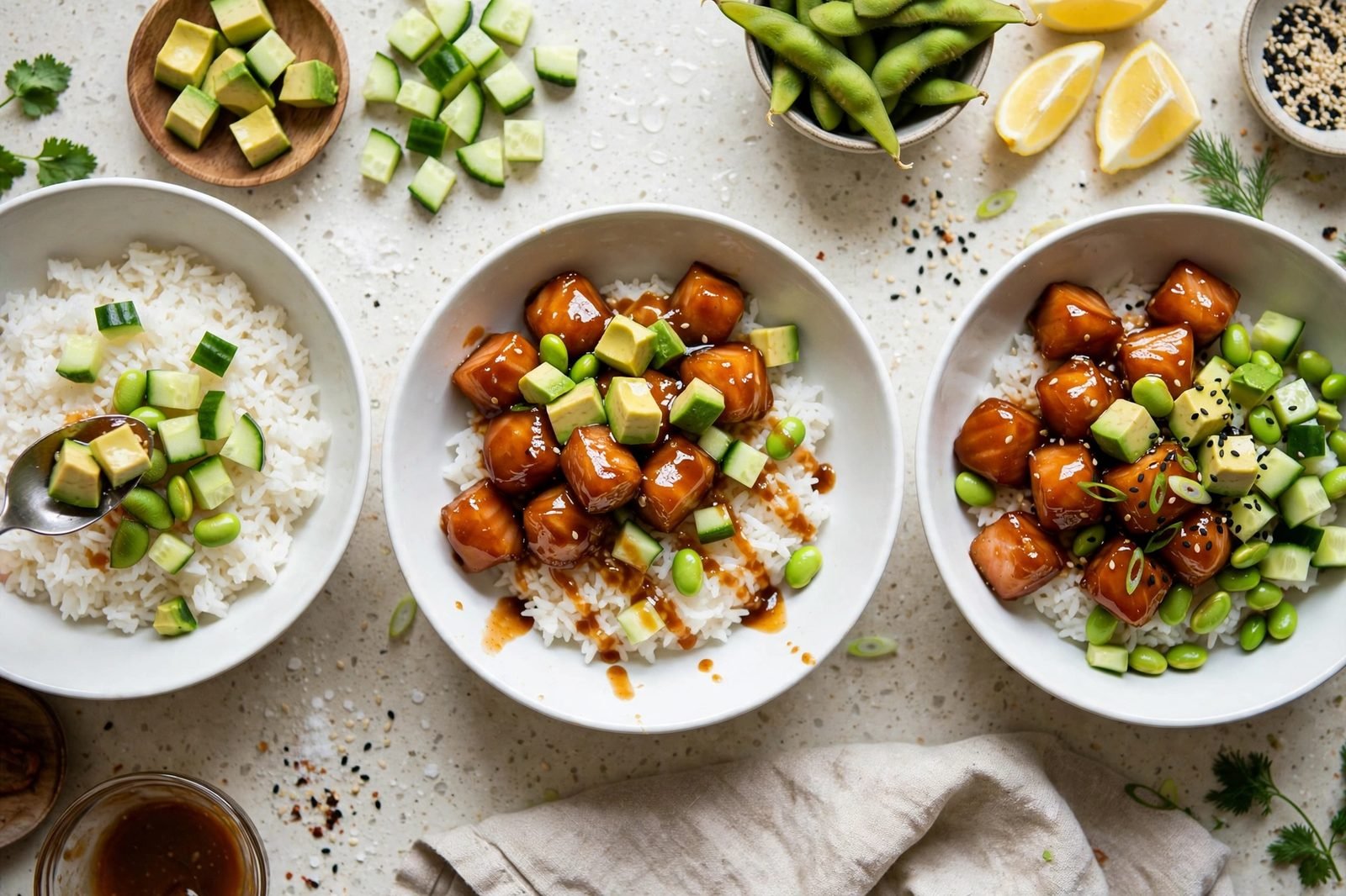 Firecracker salmon bowls being assembled with toppings over rice