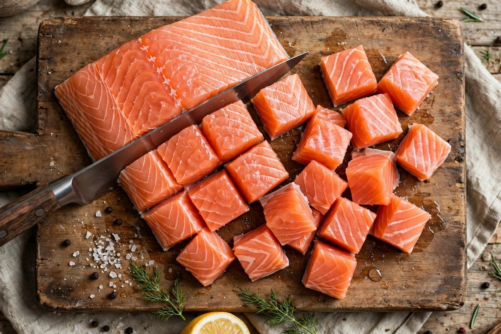 Raw salmon cut into one-inch cubes on a cutting board