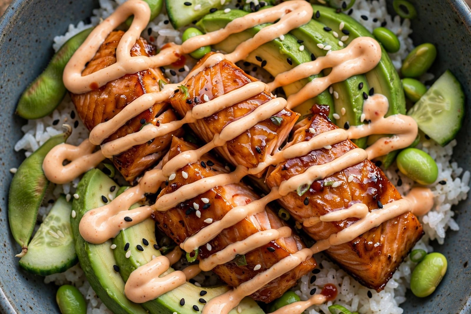 Close-up of sriracha mayo drizzled over a firecracker salmon bowl