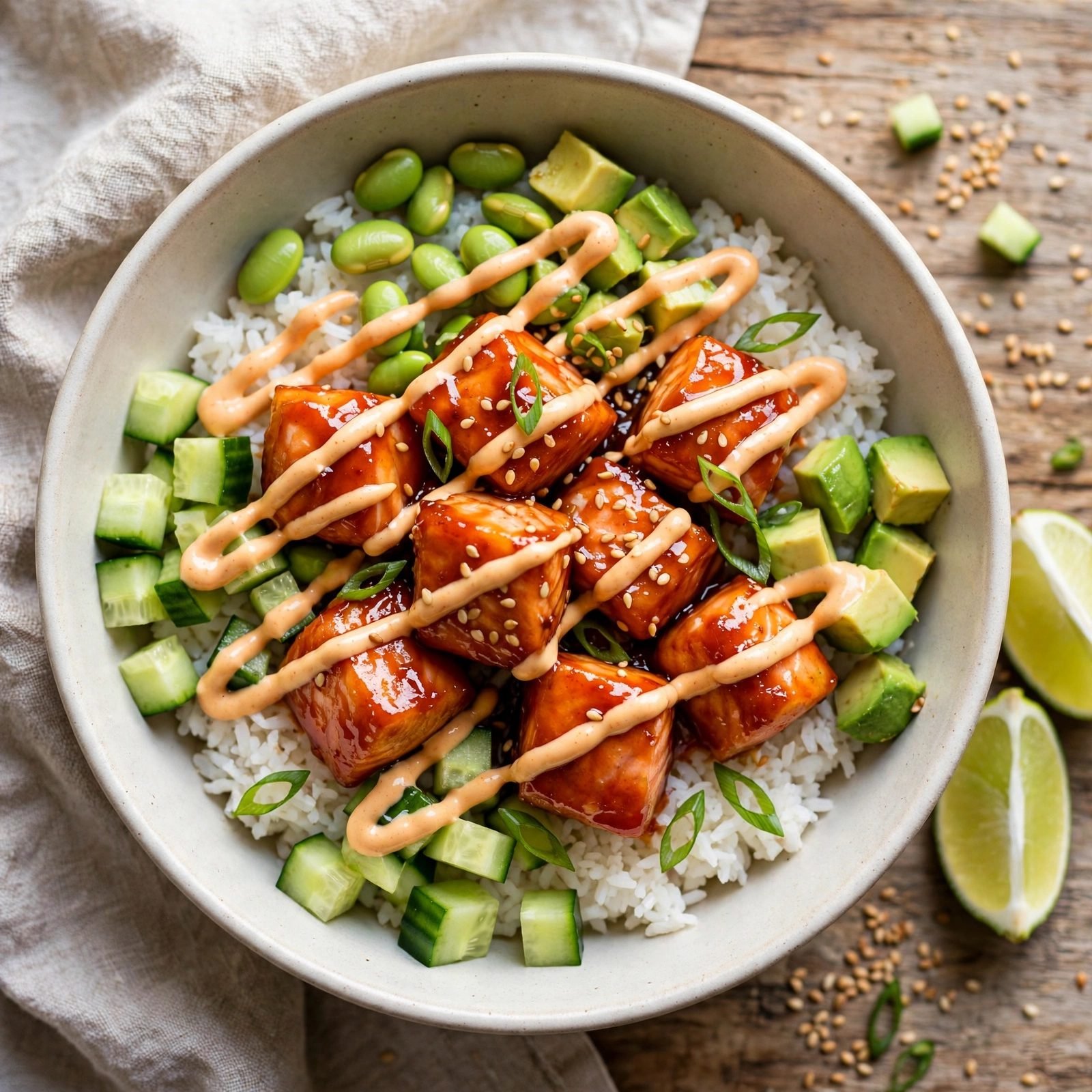 Firecracker salmon bowls with glazed salmon bites, rice, cucumber, avocado, edamame, and sriracha mayo drizzle